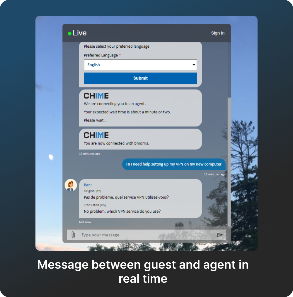 Real-time language translation in Chime