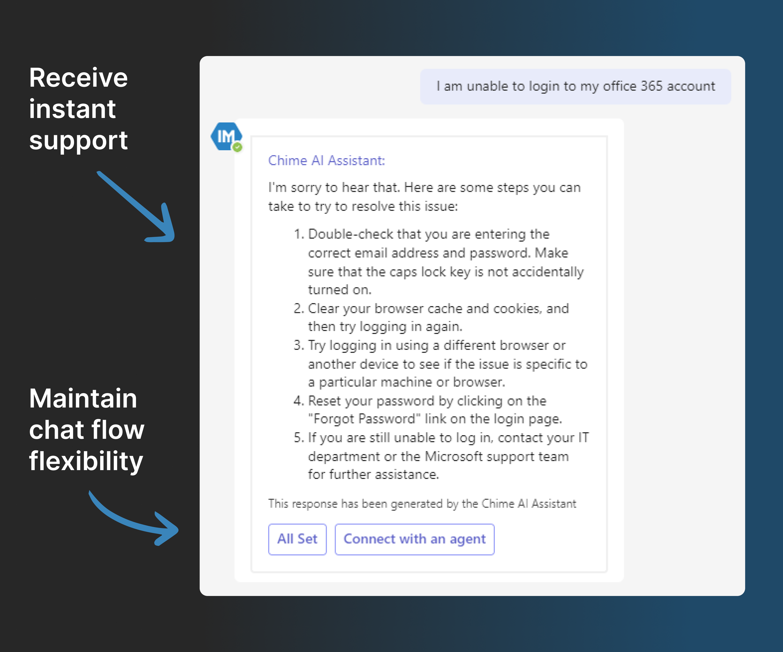 AI helpdesk conversation example inside Microsoft Teams