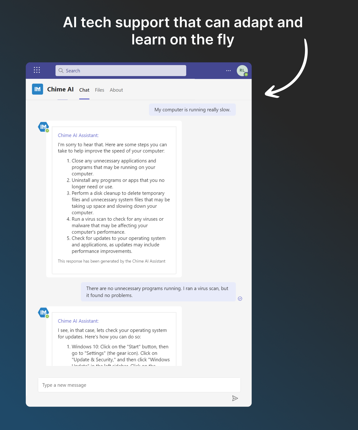 Teams-integrated Azure AI enterprise help desk conversation