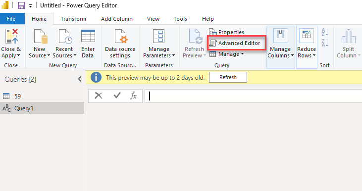 Power BI Advanced Editor showing the M query for Web.Contents