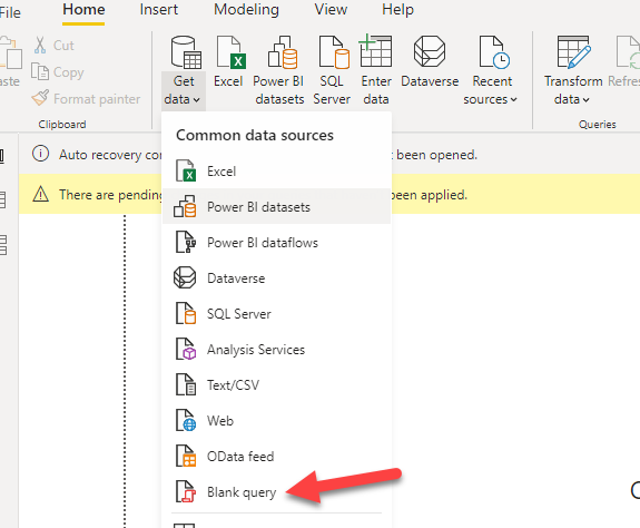 Power BI Get Data dialog with Blank Query selected
