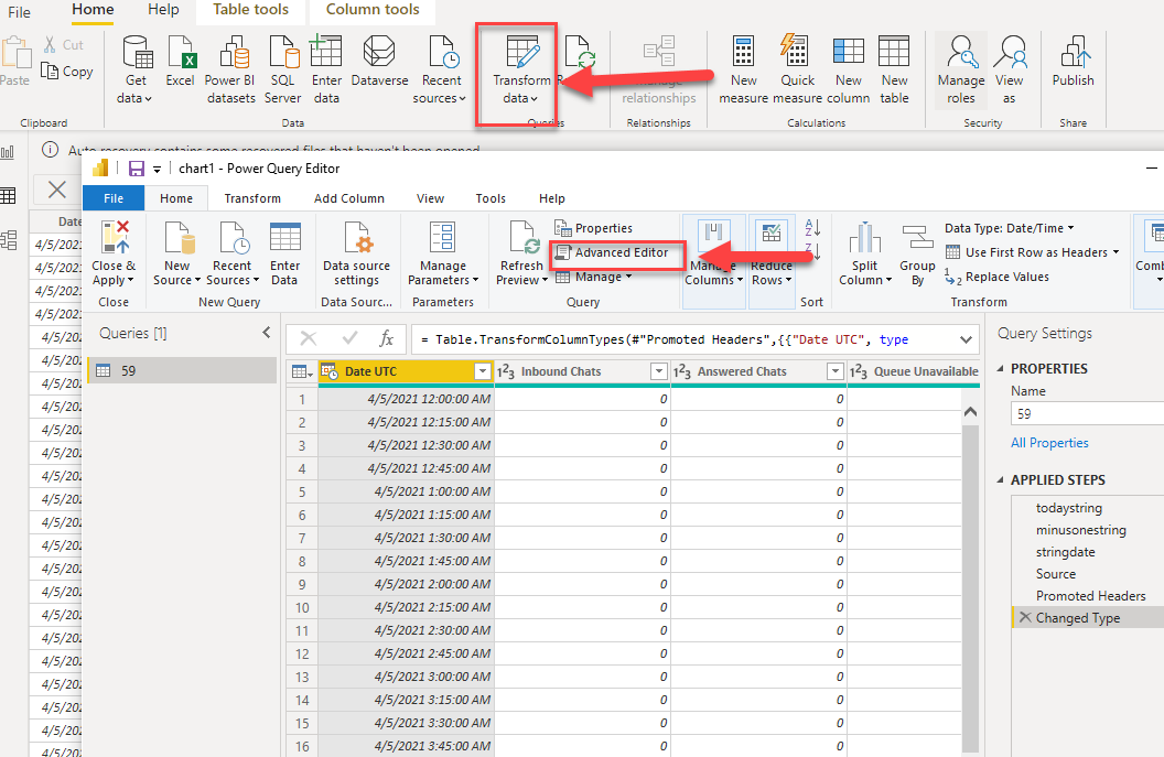 Power BI Transform Data view with the dynamic query applied