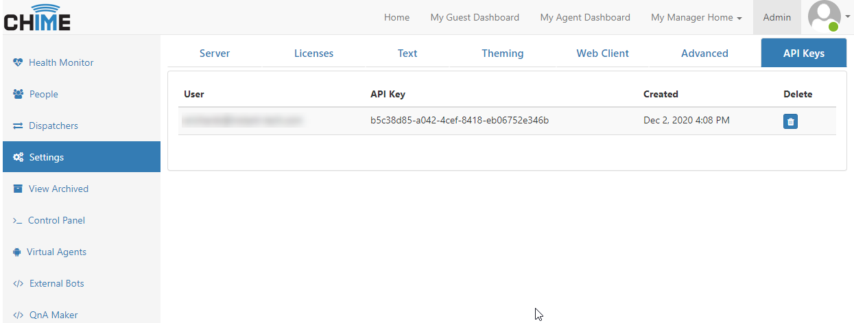 Admin Settings tab showing the table of issued API keys