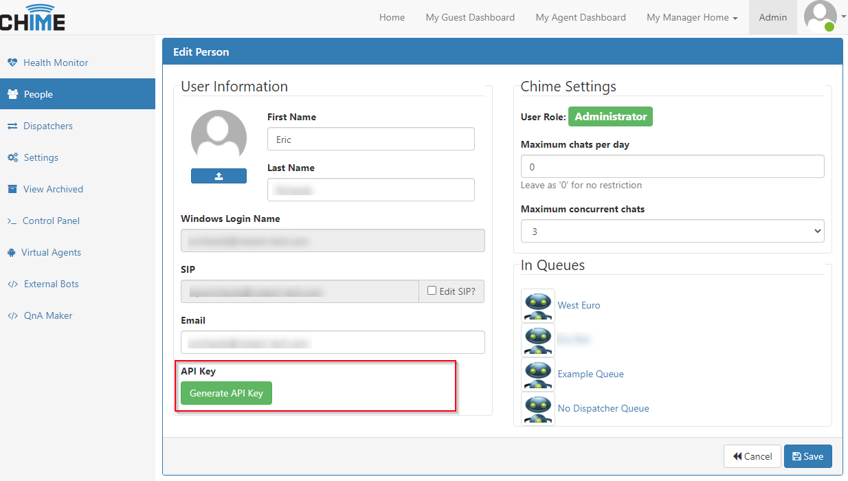 Chime admin People view with the API key generator opened on a user