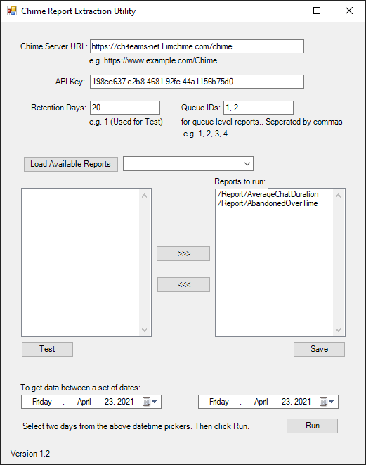 Configuration form in the Chime Reports Extraction Utility