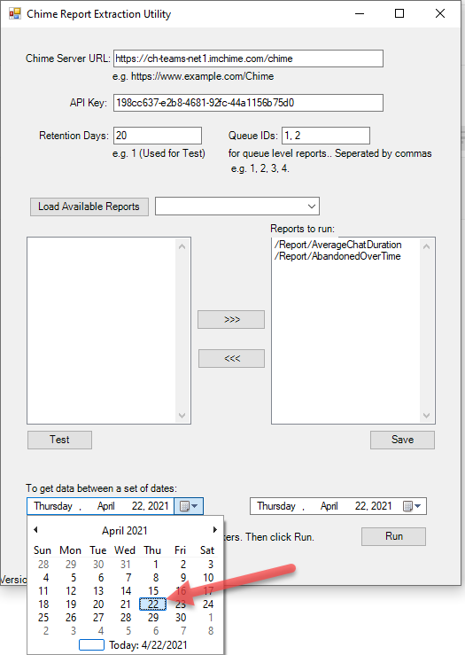 Date range pickers at the bottom of the Chime Reports Extraction Utility