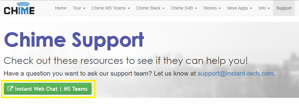 Chime Support page with the Instant Web Chat | MS Teams button highlighted