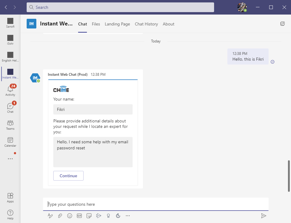 Microsoft Teams desktop client showing a conversation with the Chime bot