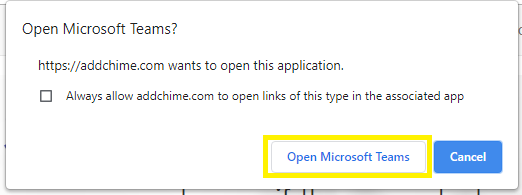Chrome dialog prompting Open Microsoft Teams