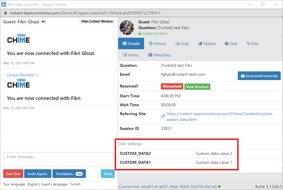 Agent web client showing custom seeker metadata under Details > User Settings