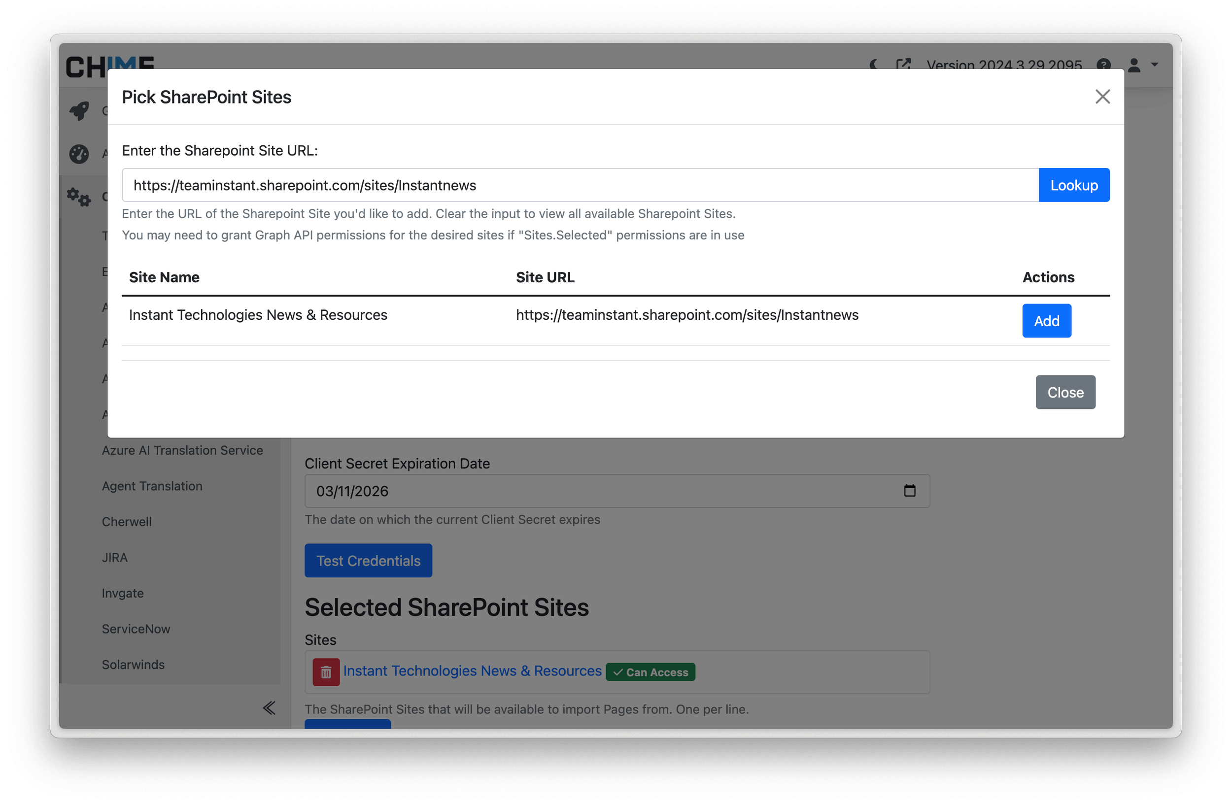 Pick SharePoint sites UI